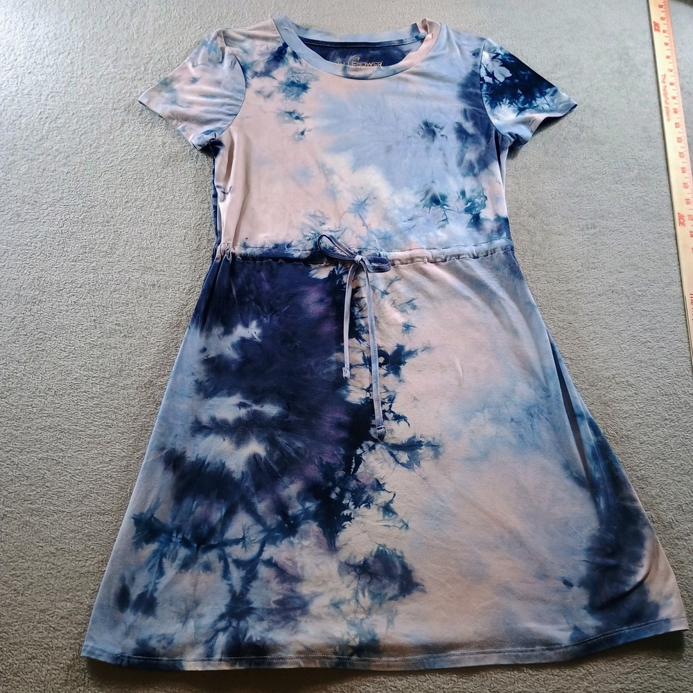 Wallflower Women Tie Dye Dress Blue Medium Drawstring Waist Short Sleeve